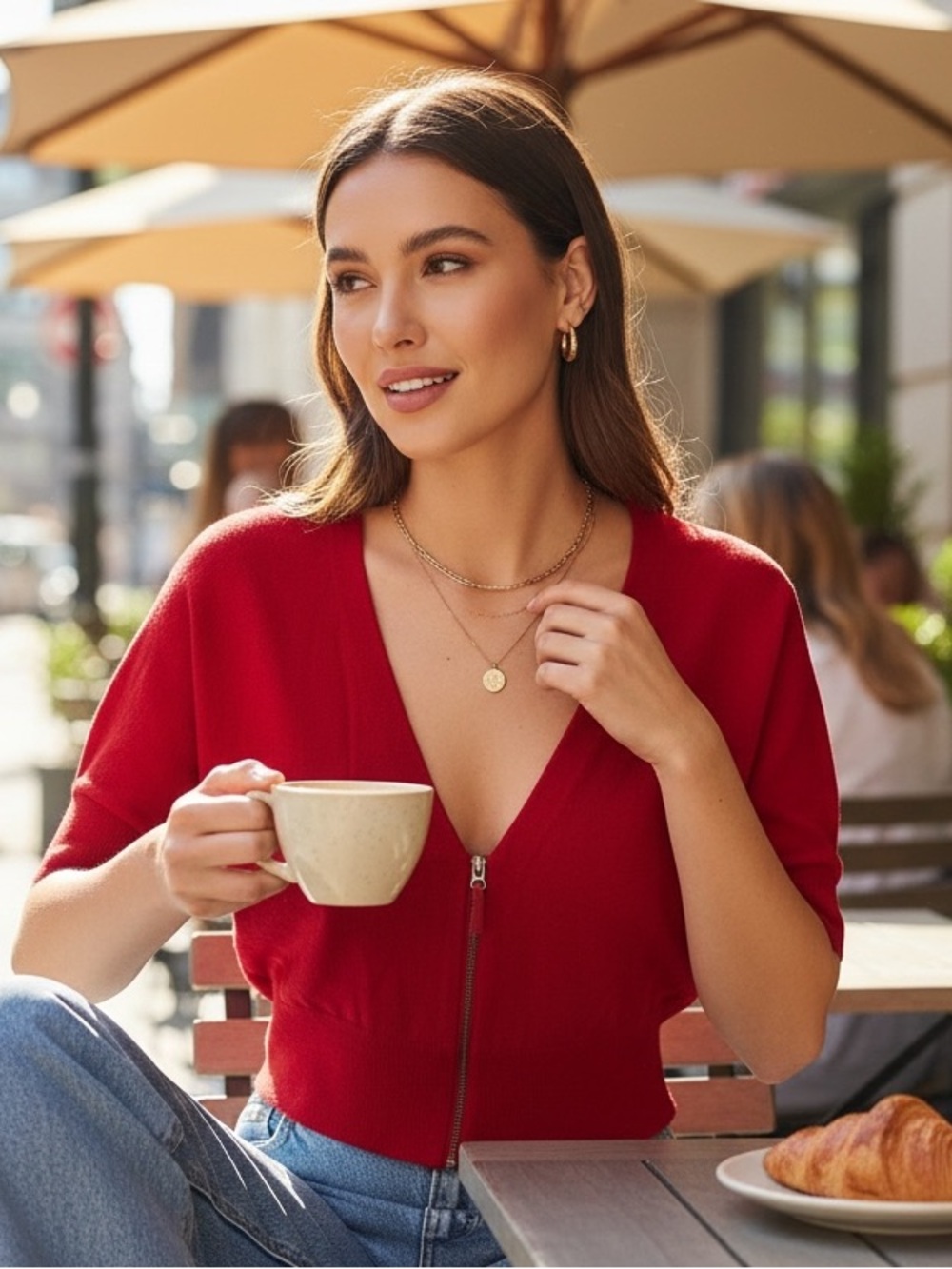 LOFT Red Short-Sleeve Zip-Front Cardigan